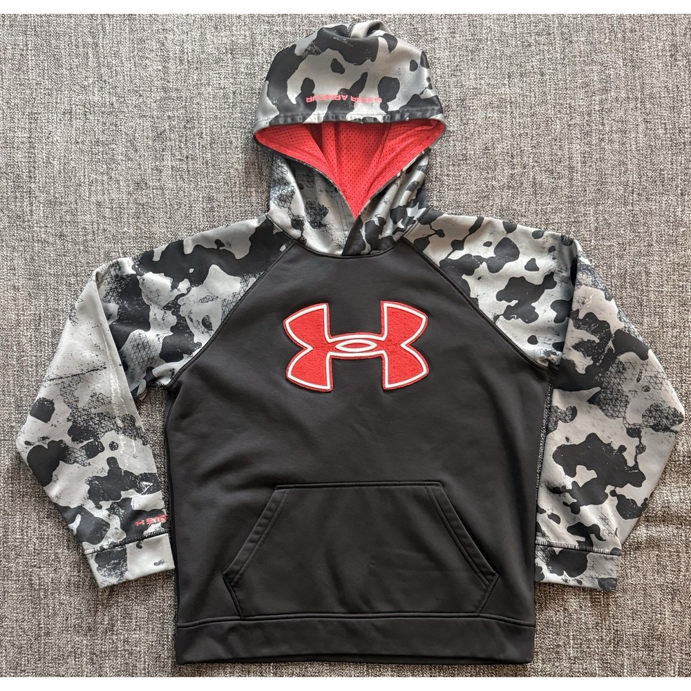 Under Armor Athleisure Hoodie Black, Gray, Red Logo Camo Sleeves Size Youth Lg